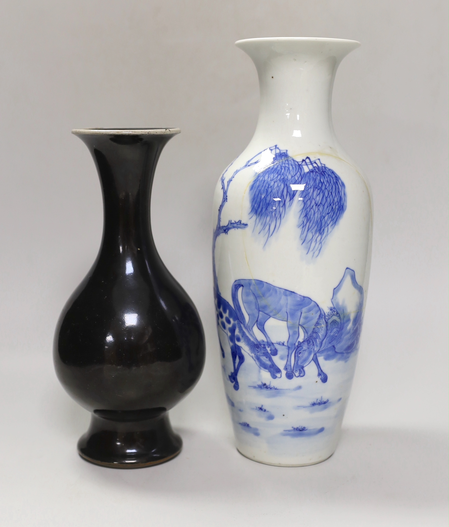 A Chinese mirror-black glazed vase, 18th century and a 19th century Chinese blue and white 'horses' vase, tallest 30cm